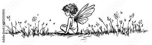 cute sitting fairy in grass sketch