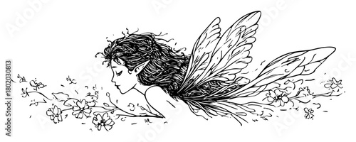flying fairy girl with flowers sketch