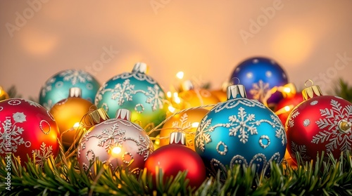 Christmas ornaments and tinsel arranged around glowing fairy lights