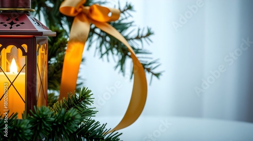 Christmas lantern glowing warmly beside a pine garland and golden ribbon