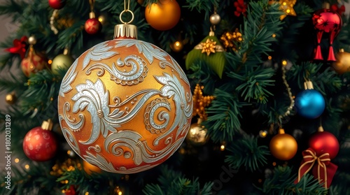 Large Christmas bauble with metallic reflections hanging from a decorated tree