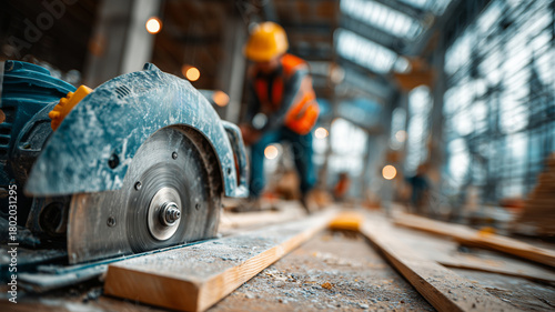 Circular saw in action at a bustling construction site during daytime