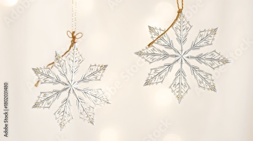 Hanging snowflake ornaments sparkling against a soft blurred background