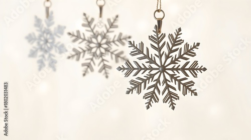 Hanging snowflake ornaments sparkling against a soft blurred background