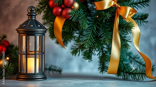 Christmas lantern glowing warmly beside a pine garland and golden ribbon