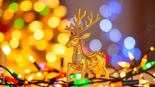Golden reindeer figurine surrounded by sparkling Christmas lights
