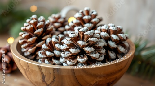 Pinecone Christmas decorations dusted with glitter and arranged in a wooden bowl