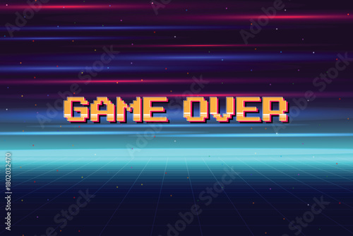Game Over, Retro games for game assets in retro futuristic sci-fi background vector illustration. Glowing neon from an old arcade