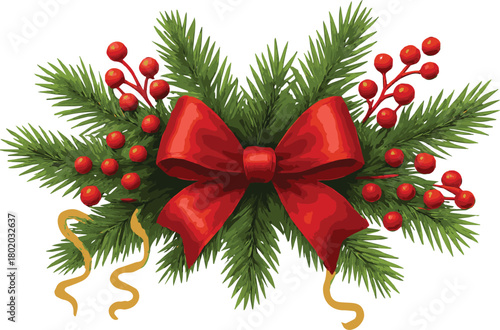 Garland Swag with Red Bow, Berries, and White Lights