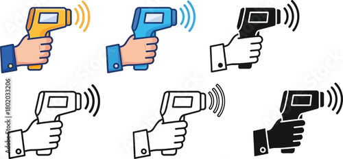 Set of six handheld infrared thermometers in different colors and styles for temperature measurement