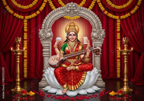 Hindu Goddess Saraswati seated on lotus playing veena with ornate background and lamps.