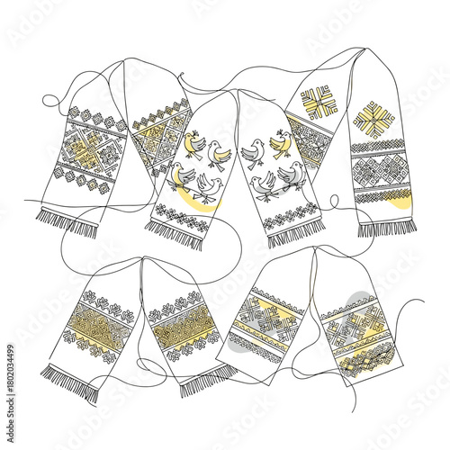slavic or ukrainian embroidered towels (rushnyk) line art for cultural heritage projects, traditional craft blogs, folk art exhibitions, and eastern european travel guides