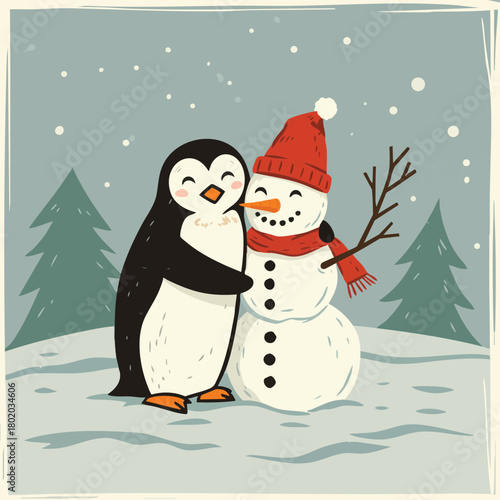 Penguin and snowman celebrate winter joy together in a snowy landscape with evergreen trees 