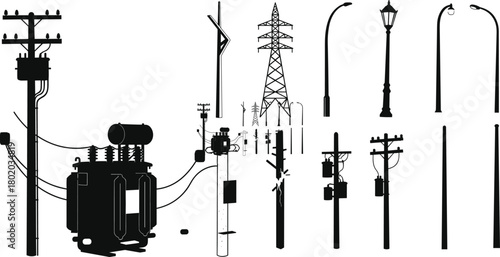 Silhouette vector illustration of utility poles, transformers, transmission towers, wind turbine, and streetlights—electrical infrastructure layout for energy distribution and urban planning