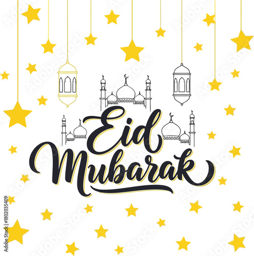 Celebrate Eid Mubarak with this festive illustration! Featuring elegant calligraphy, stars, lanterns, and a mosque design for joyful greetings