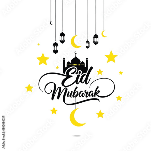 Beautiful Eid Mubarak greeting card featuring lanterns, stars, and the iconic mosque, celebrating the Islamic festival with joy and festive flair