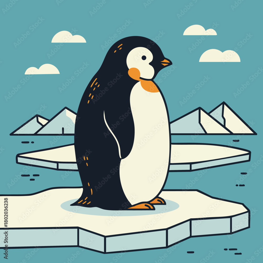 Obraz premium Penguin standing on ice in a vibrant Arctic landscape with mountains and clouds in a whimsical illustration style 