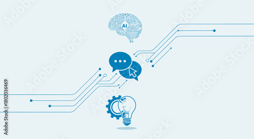 AI communication concept with brain, chat bubbles, light bulb and gear on a white background.