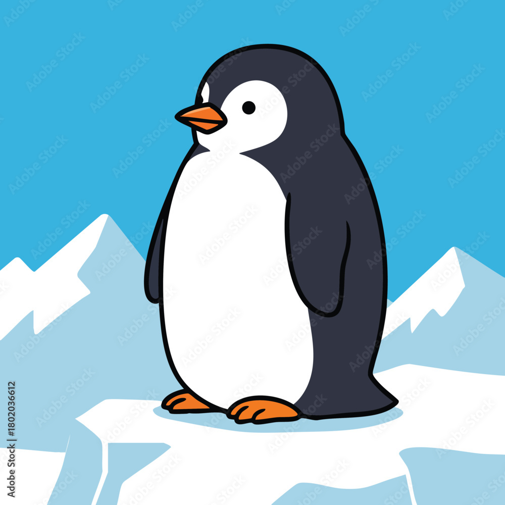 Naklejka premium Cartoon penguin standing on ice with snowy mountains in the background, showcasing a cheerful and playful demeanor in a vibrant scene. 