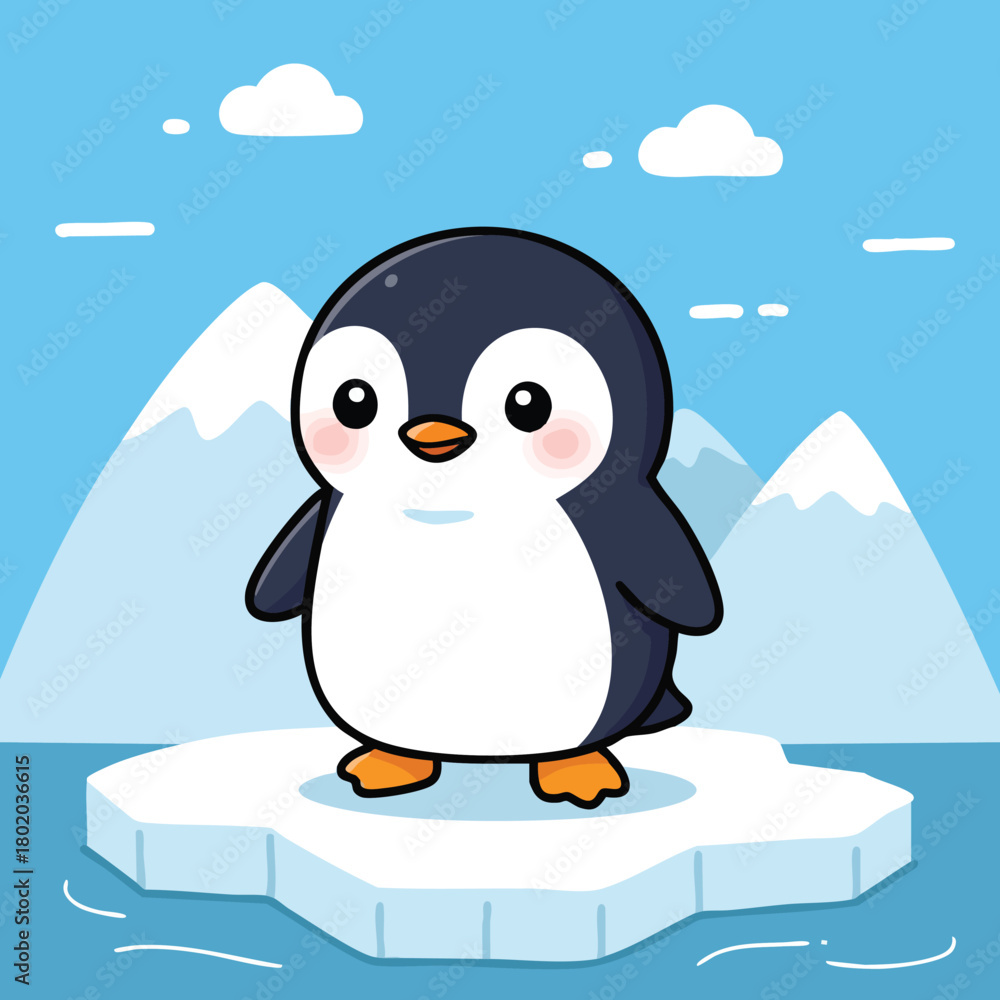 Naklejka premium Cute penguin standing on an ice floe in a bright blue landscape with mountains and clouds in the background