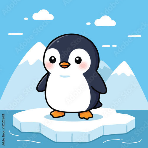 Cute penguin standing on an ice floe in a bright blue landscape with mountains and clouds in the background 