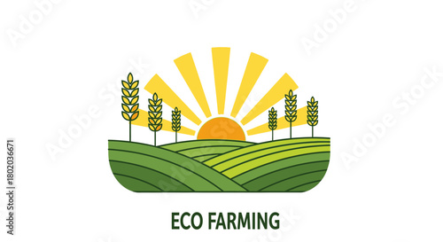 Eco farming logo featuring a sunrise over rolling green hills with crops and plants.