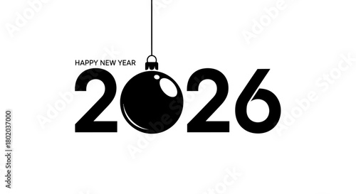 Happy New Year 2026 greeting card with a black Christmas ornament design.