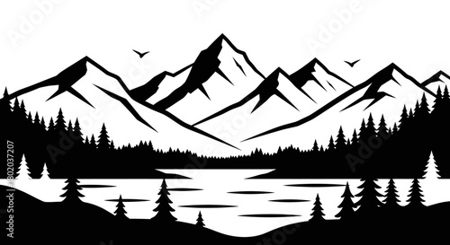 A striking black and white silhouette of a majestic mountain range reflected in a calm lake, surrounded by dense pine trees.