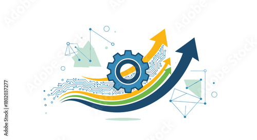 Abstract illustration of business growth, technological progress, and efficiency with a gear and upward arrows.