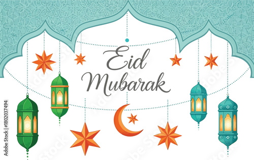 Beautifully crafted Eid Mubarak greeting card design featuring traditional lanterns and star ornaments, celebrating the Islamic festival with festive decorations and a crescent moon motif