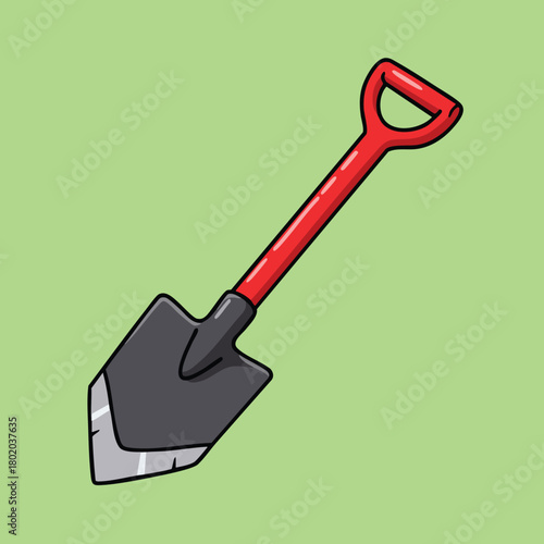 Shovel illustration with red handle on green background for gardening and landscaping projects 