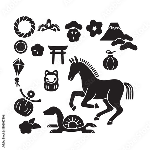 Black Glyph Japan Vector Icon Collection — Shinto, Mount Fuji, Zodiac Horse, Flowers

