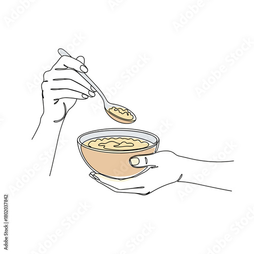 hands holding a bowl of soup and a spoon in continuous line drawing style for food blogs, restaurant menus, cooking classes, and nutritional advice articles