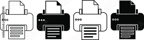 Set of four simple line art icons representing printers in black and white with paper output