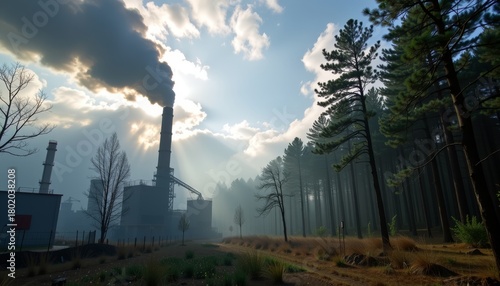 Industrial Landscape with Forest and Clear Sky