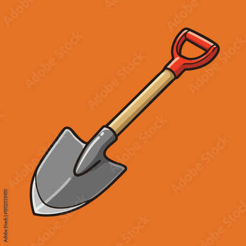 Shovel illustration with gray blade and wooden handle on vibrant orange background for gardening and construction projects 