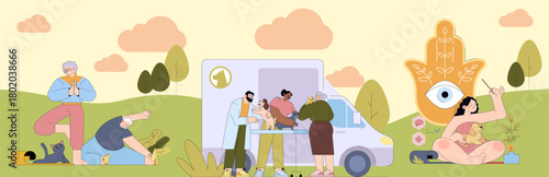 Mobile Veterinary Clinic and Community Relaxation Scene