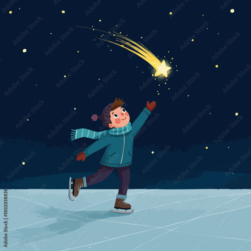 Naklejka premium Boy on ice skating while reaching for a shooting star in a winter night sky 