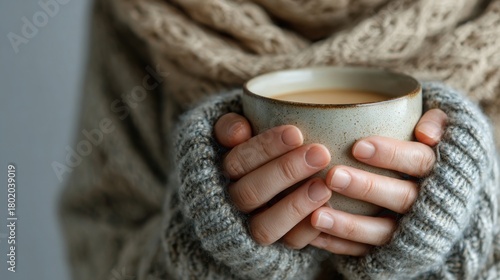 Hands Holding Warm Mug in Soft Knit Sweater — Cozy Winter Wellness, Hygge Lifestyle Close-Up