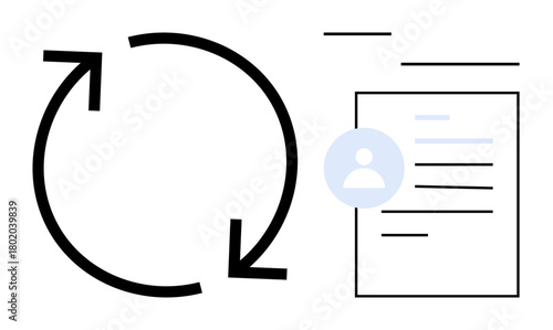 Circular arrows indicating a workflow cycle alongside a document with a user profile badge. Ideal for concepts thumbs up process management, renewal, recycling, documentation, user profiles, HR