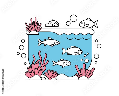 Stylized cartoon aquarium with swimming fish, pink coral, and air bubbles. A minimalist line art illustration of a fish tank.