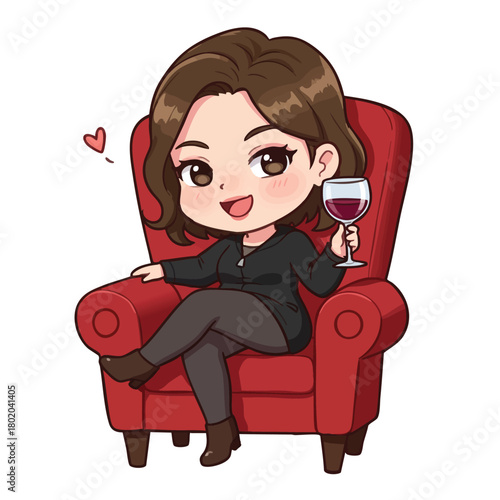 Chibi character enjoying a glass of wine while lounging in a cozy red armchair with playful heart accents 