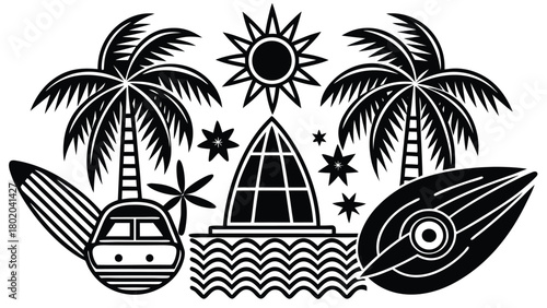 Vector illustration of a tropical summer island paradise with palm trees, beach, and ocean landscape for travel and vacation design