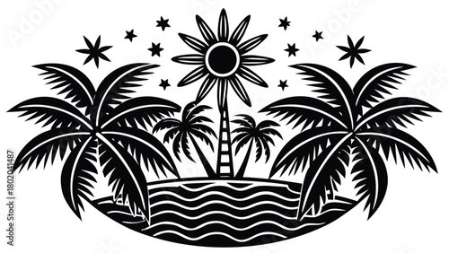 🌴 Tropical palm tree silhouette on a paradise beach, a summer vacation illustration for your travel banner design