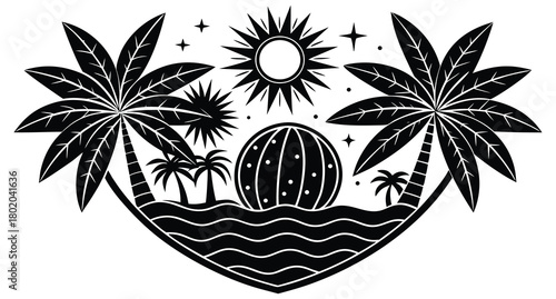 The vector illustration features a tropical palm tree silhouette with a leaf pattern on a summer beach design