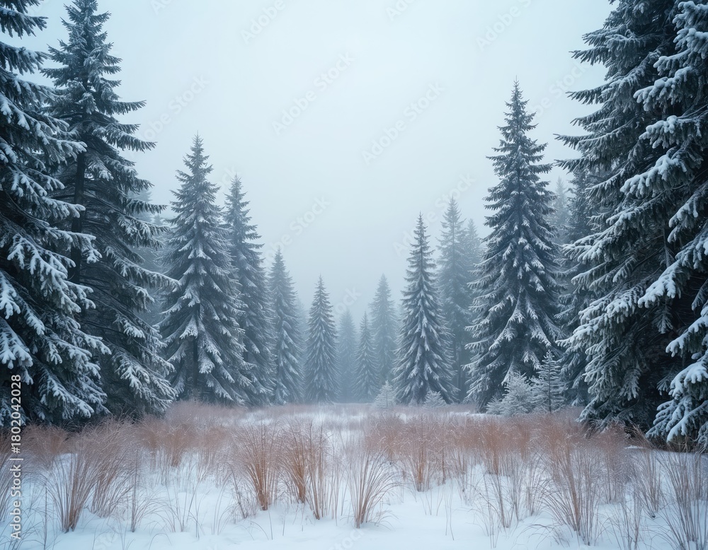 Fototapeta premium Snowy evergreen forest on a foggy winter day. Calm landscape with pine trees and frosted grass in a cold wilderness. Serene woods offer a peaceful natural scenery view.