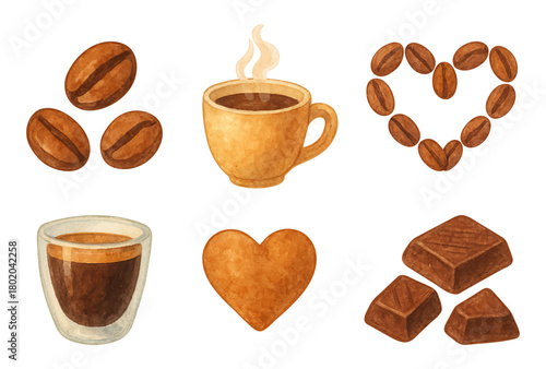 Watercolor coffee and cocoa vector set. Beans, hearts, chocolate pieces, cups with drinks. Color clipart beverage and dessert collection, traced vector
