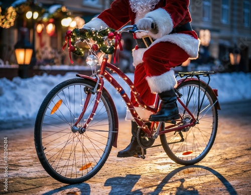 Santa Claus Riding Bicycle Decorated with Christmas Ornaments