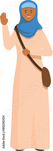 Smiling muslim woman waving hand and wearing traditional clothes