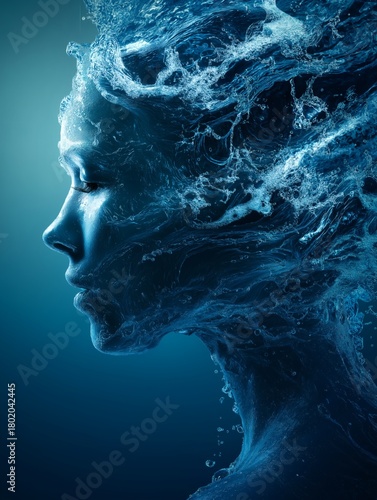 Elegant water figure forming a female profile in tranquil composition